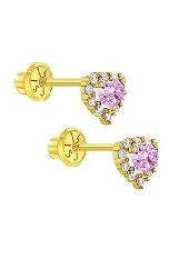very nice yellow gold pink cubic zirconia heart cluster baby birthstone earrings